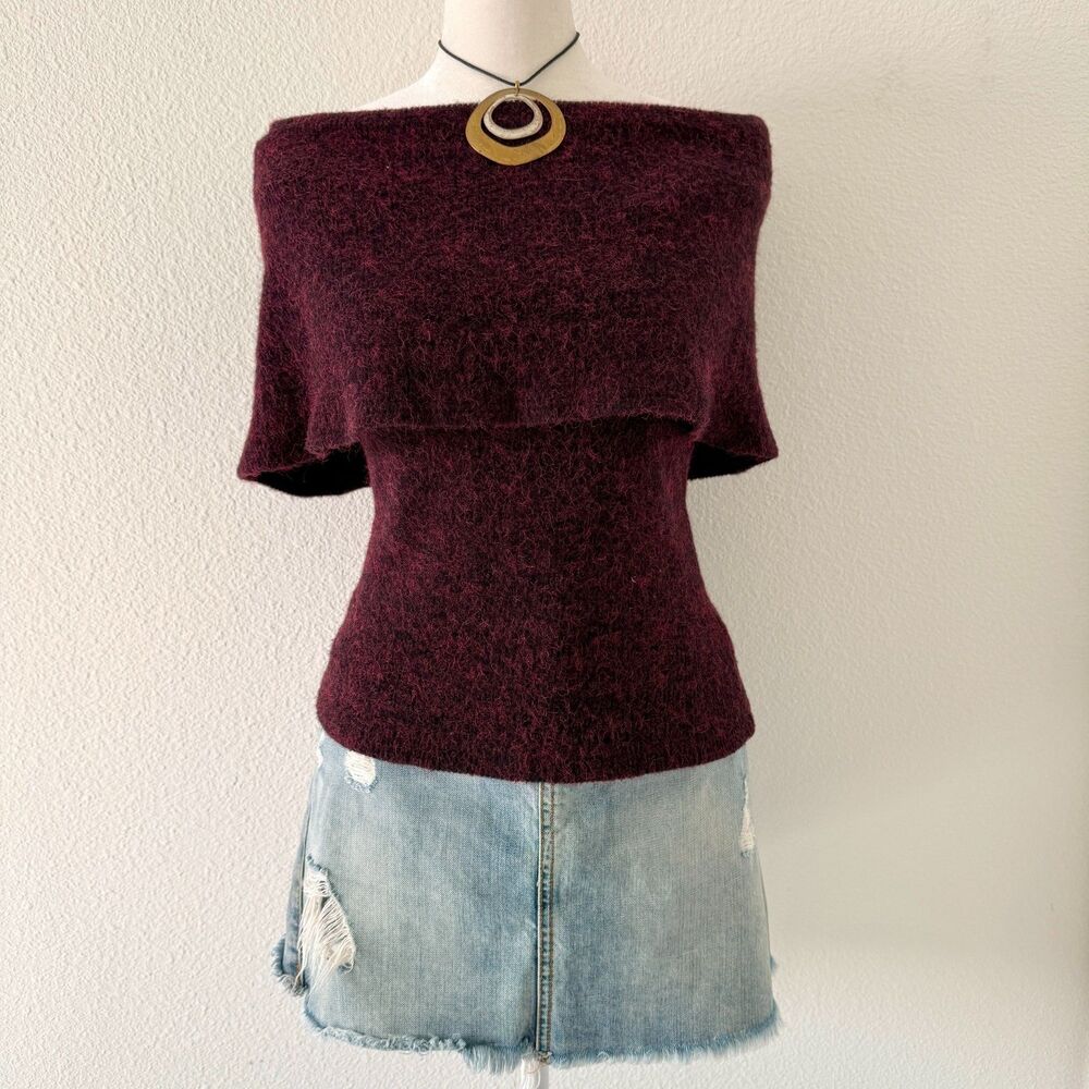 90s Cozy Burgundy Off-Shoulder Knit Short Sleeve Sweater Chic Elegant Preppy L